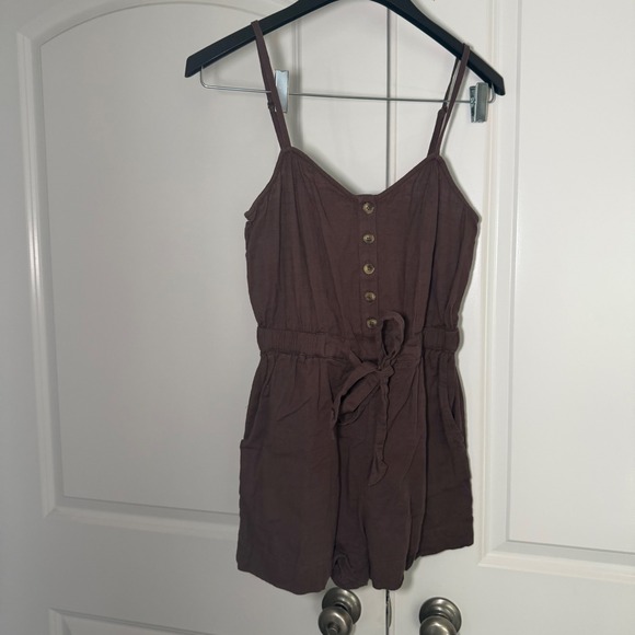 aerie Pants - Aerie Brown Button Front Linen Blend Sleeveless Romper XS Pockets